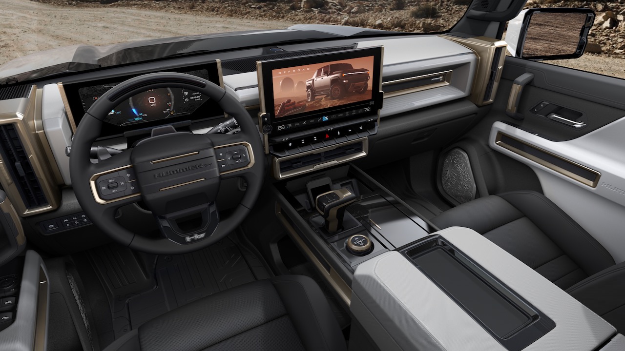 The 2022 GMC HUMMER EV’s design visually communicates extreme capability, reinforced with rugged architectural details that are delivered with a premium, well-executed and appointed interior.