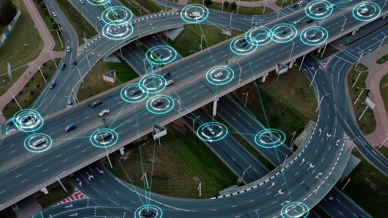 Aerial,View:,Self-driving,Autonomous,Electric,Cars,Of,The,Future,With