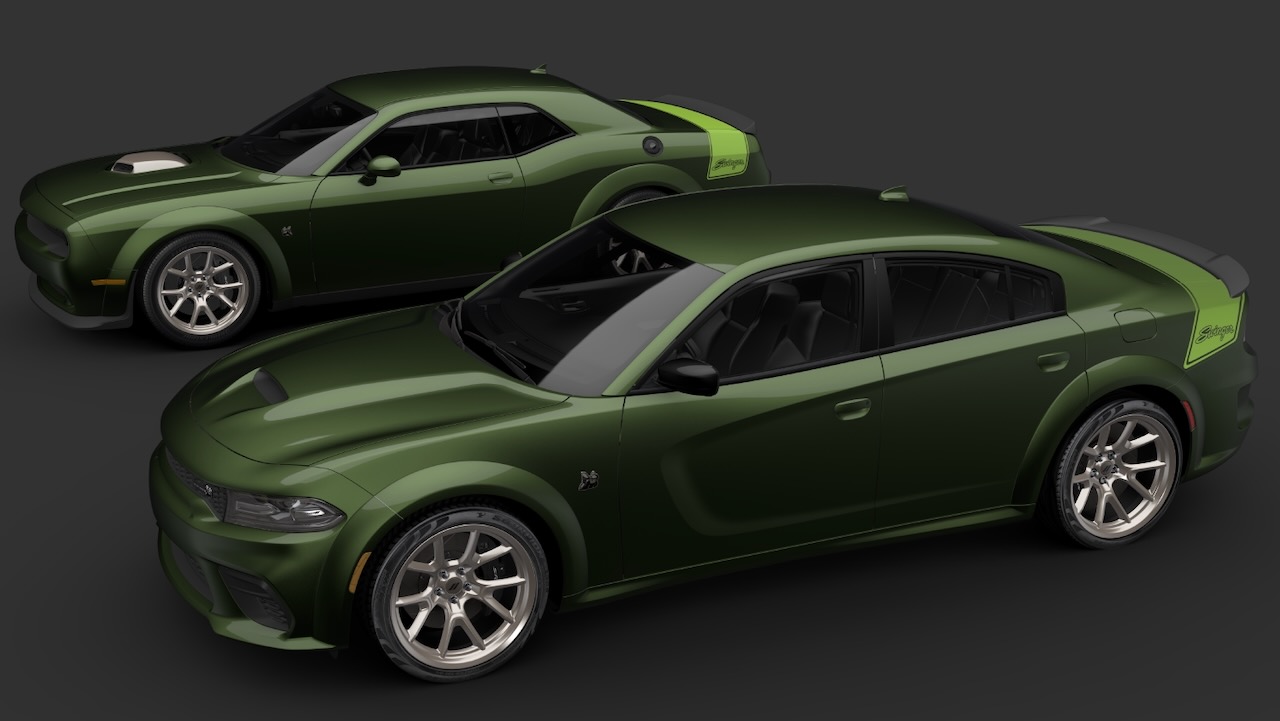 A pair of modern-day “Swingers” with a retro-themed appearance are joining the Dodge brand’s “Last Call.” The special-edition 2023 Dodge Challenger R/T Scat Pack Swinger (rear) and 2023 Dodge Charger R/T Scat Pack Swinger models (both shown in F8 Green) give a nod back to the unique style of the Dodge brand’s “swinging” muscle car lineup of the late 1960s and early 1970s.